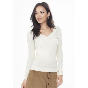 EXPRESS Ribbed Fitted V-Neck Sweater Ivory Stretch
